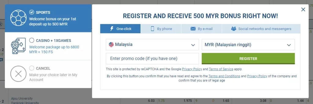 Registration at 1xBet Malaysia
