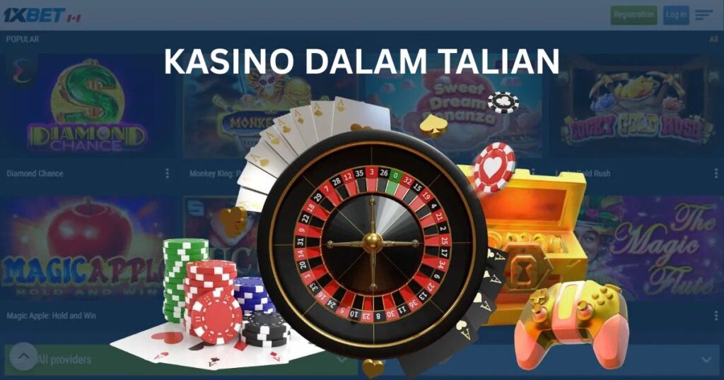 Permainan kasino di 1xBet Kasino Dalam Talian Malaysia dengan rolet, kad dan elemen slot