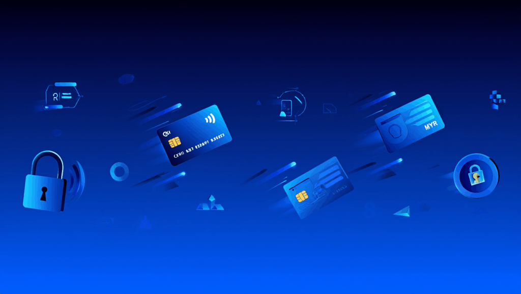 1xBet-style illustration showing digital payments, MYR currency, bank cards, and e-wallet options for Malaysian users