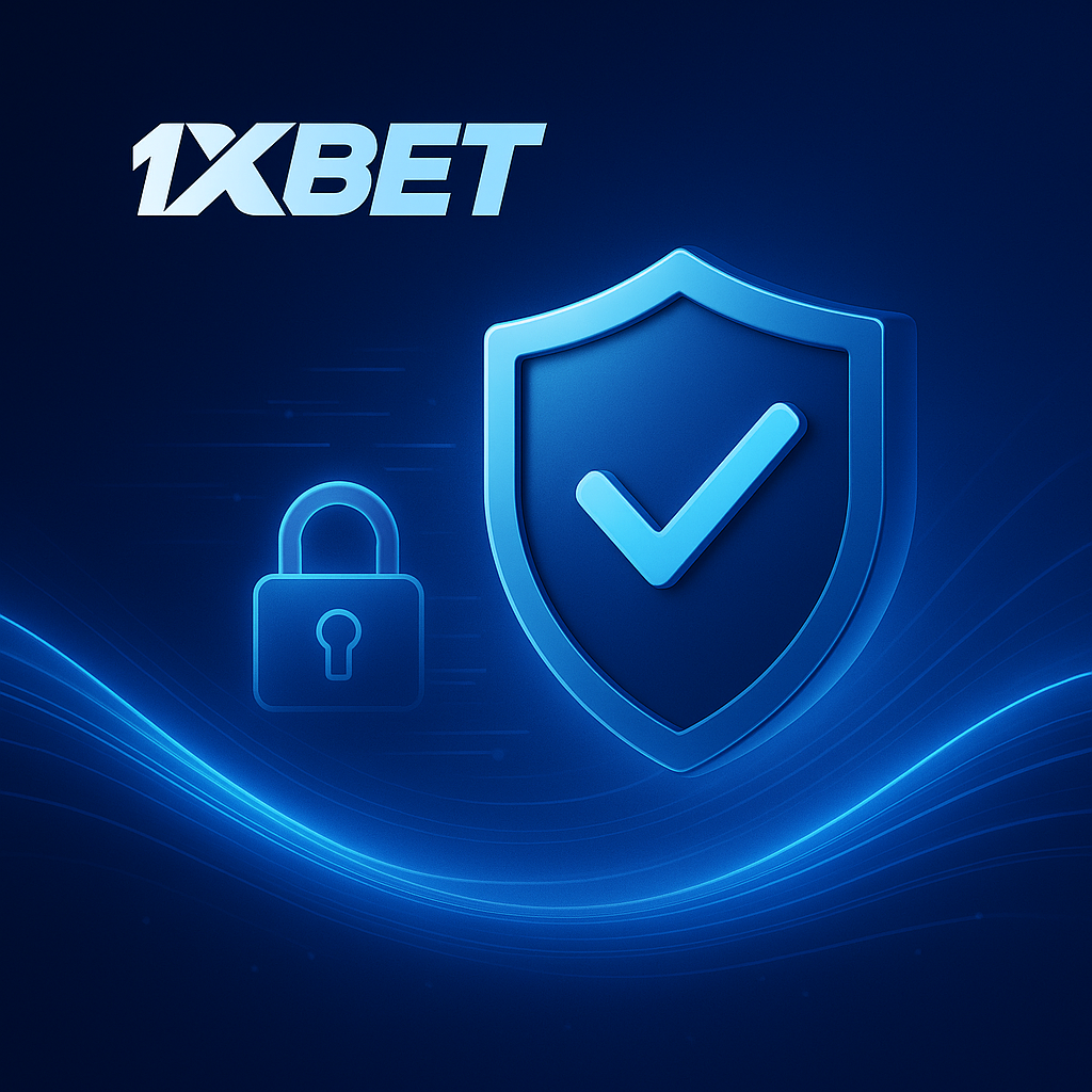 1xBet security banner with shield, lock, encryption lines, and anti-fraud protection elements